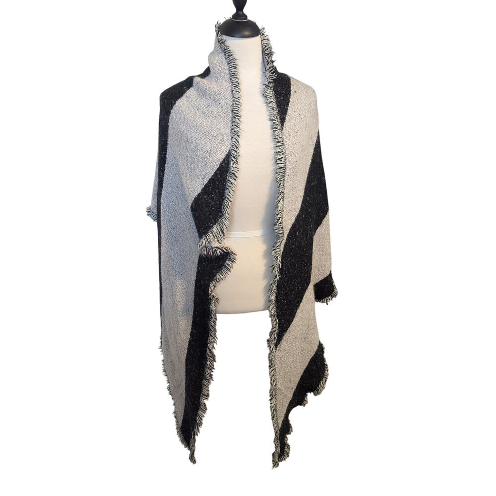 Women's Large Asymmetrical Scarf Shawl Wrap Black Gray with Fringe Asymmetrical